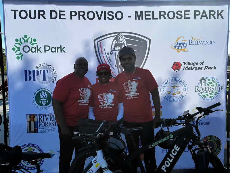 Miguel Jones with riders at the Tour De Proviso bike ride in Melrose Park